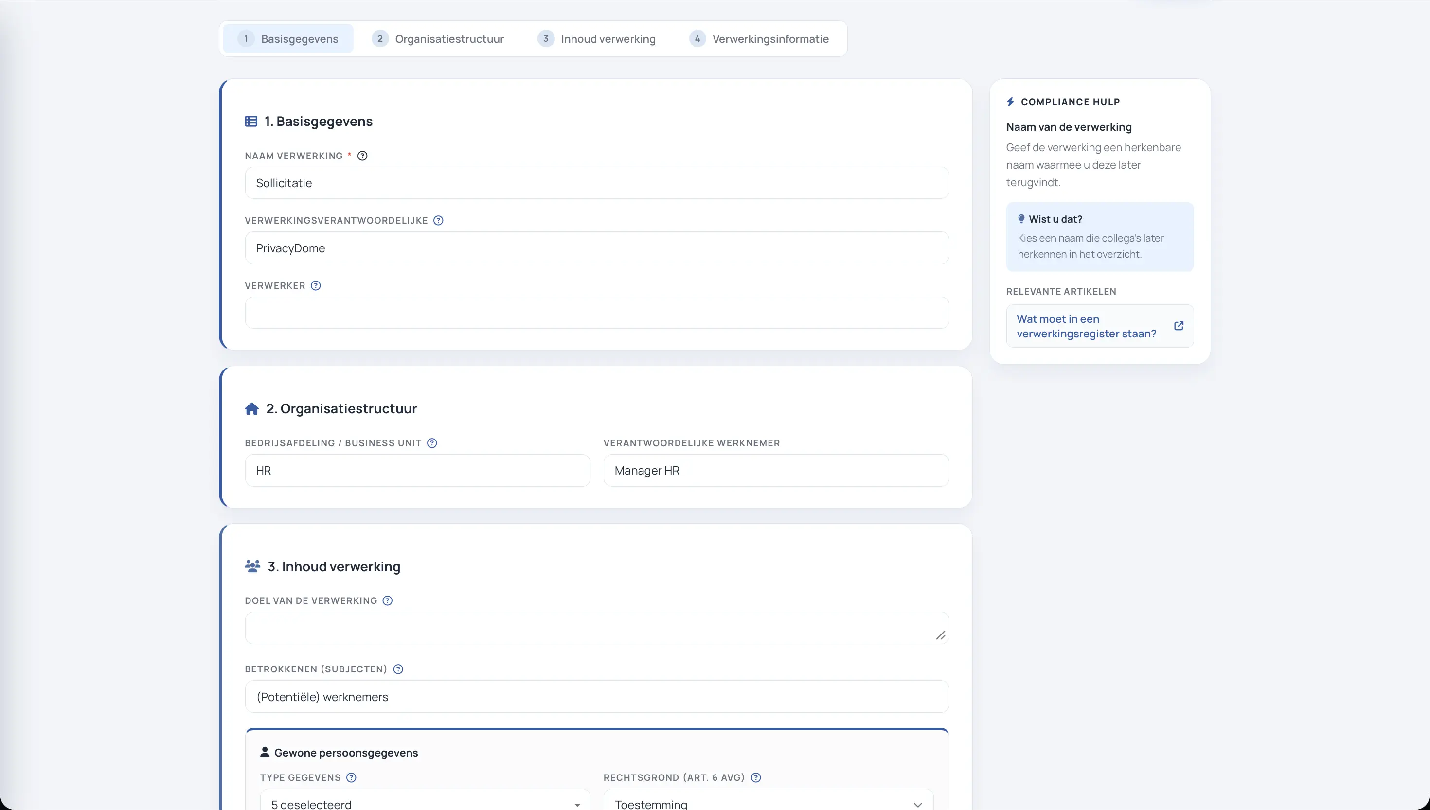 Verwerking aanmaken in PrivacyDome